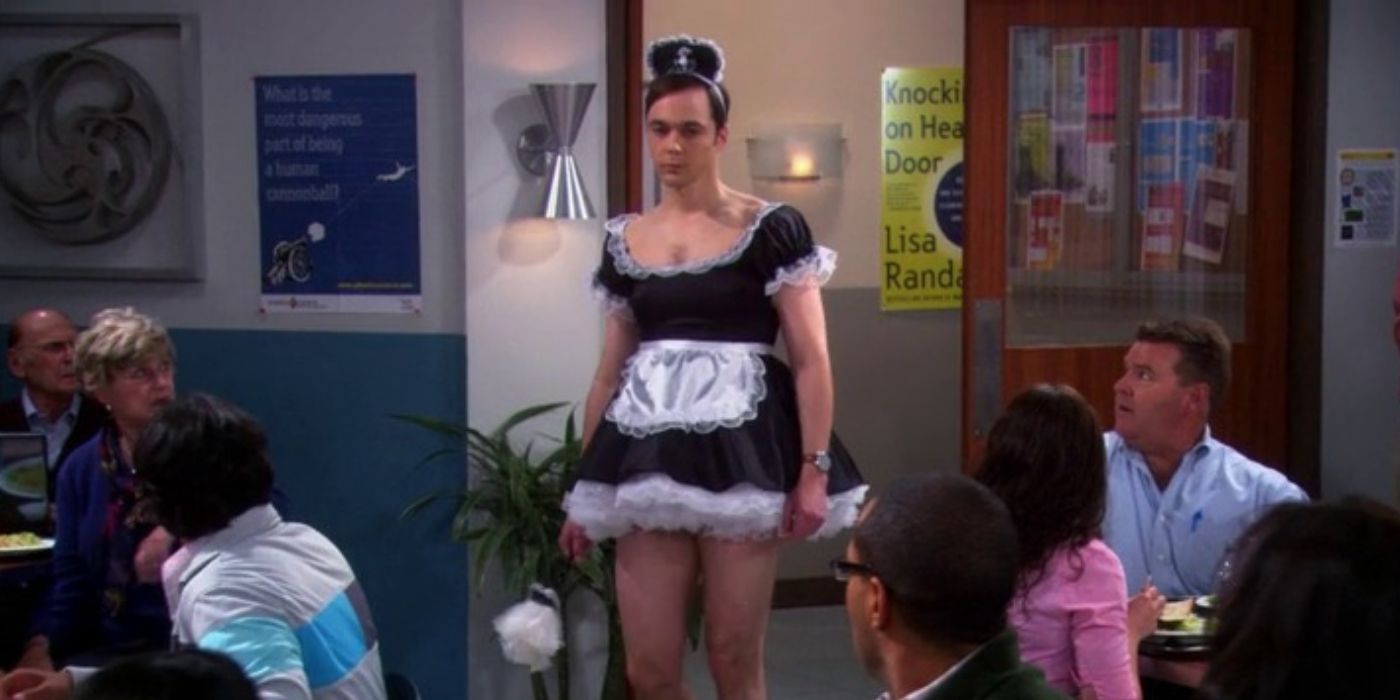 Sheldon enters the cafeteria in maid outfit on The Big Bang Theory