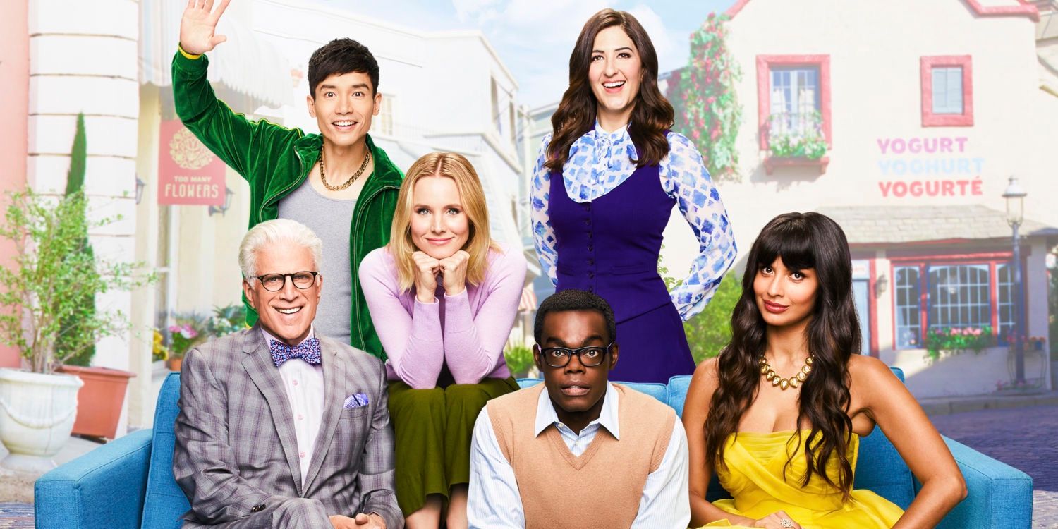The Good Place full cast featuring Manny Jacinto, D'Arcy Carden, Ted Danson, Jameela Jamil, Kristen Bell 