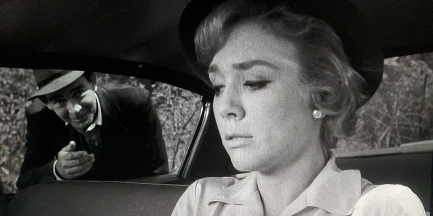 Still from the Twilight Zone episode The Hitch-hiker of a woman in a car with the hitchhiker by the window