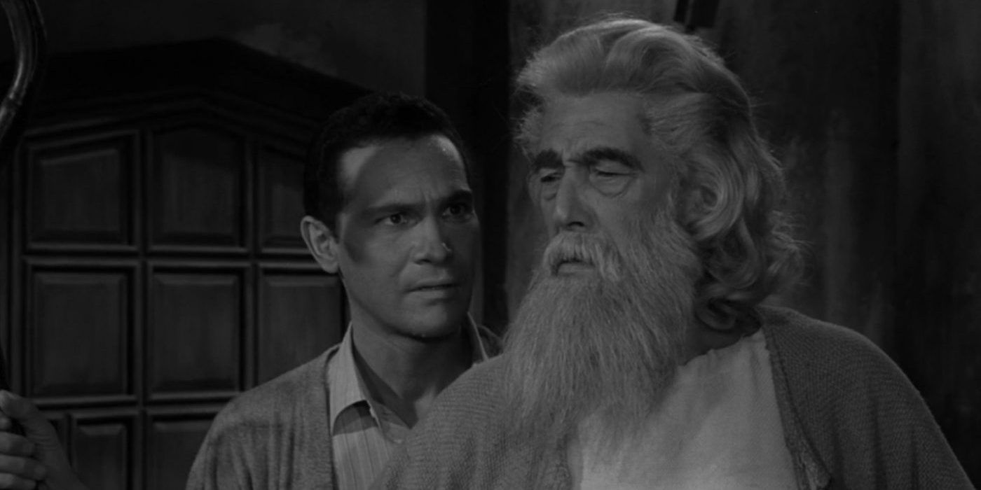 Still from the Twilight Zone episode The Howling Man of a man and an older bearded man