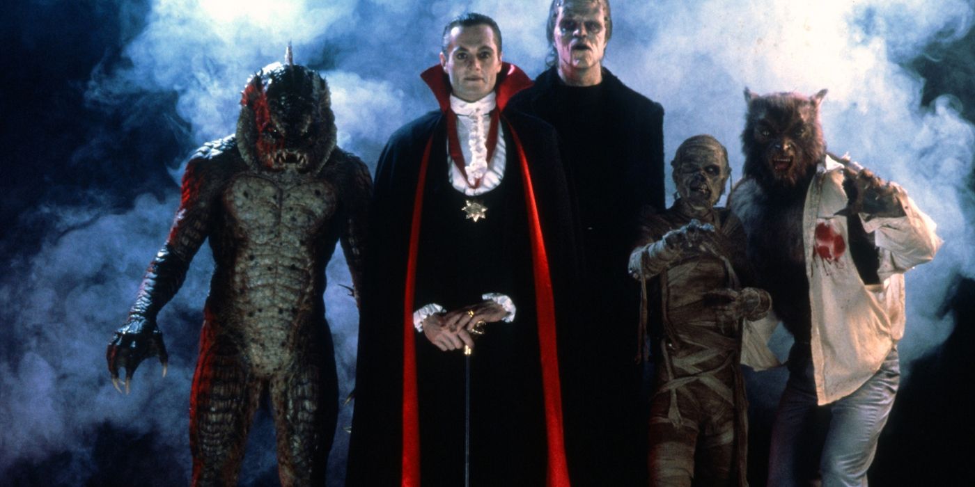The Monster Squad stands together with a foggy backdrop.