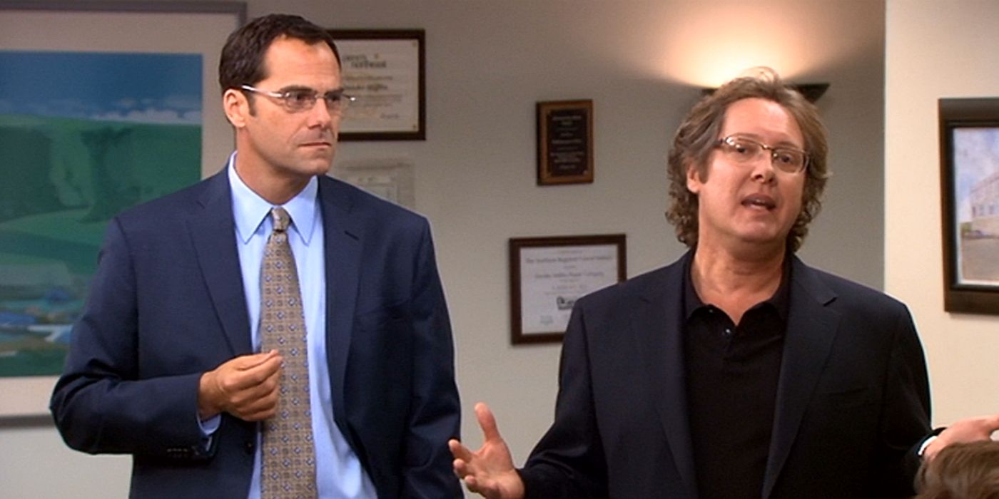 David Wallace and Robert California talking to the branch on The Office.