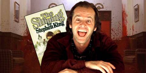 The cover of The Shining by Stephen King and Jack Torrance smiling in the movie