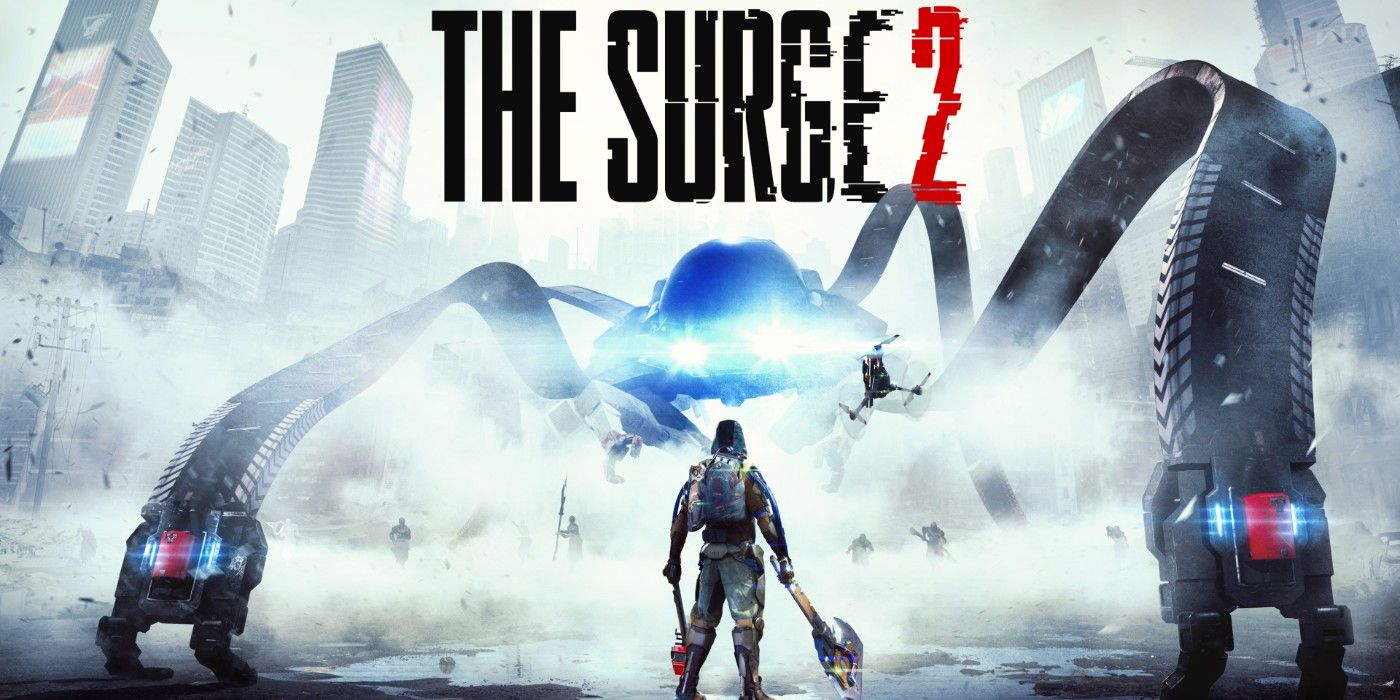 The Surge 2 promo art featuring the protagonist facing a spider-like robotic enemy.