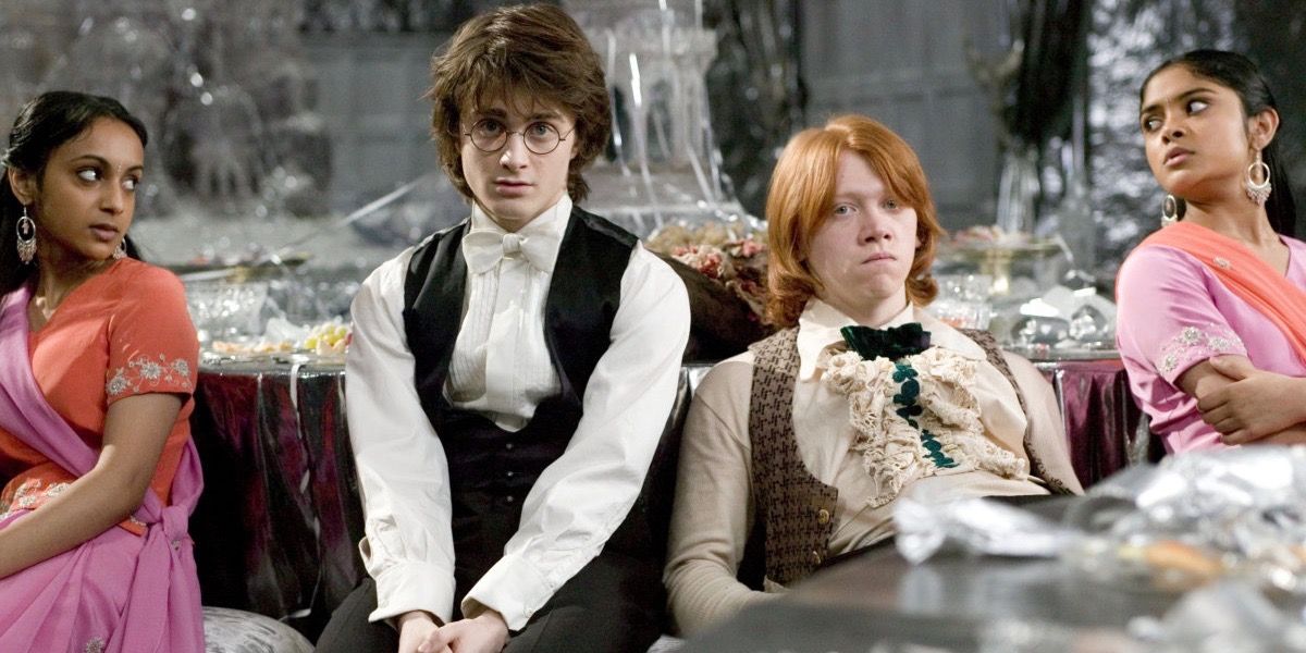 Harry, Ron, and the Patil Twins looking bored at the Yule Ball in Goblet of Fire
