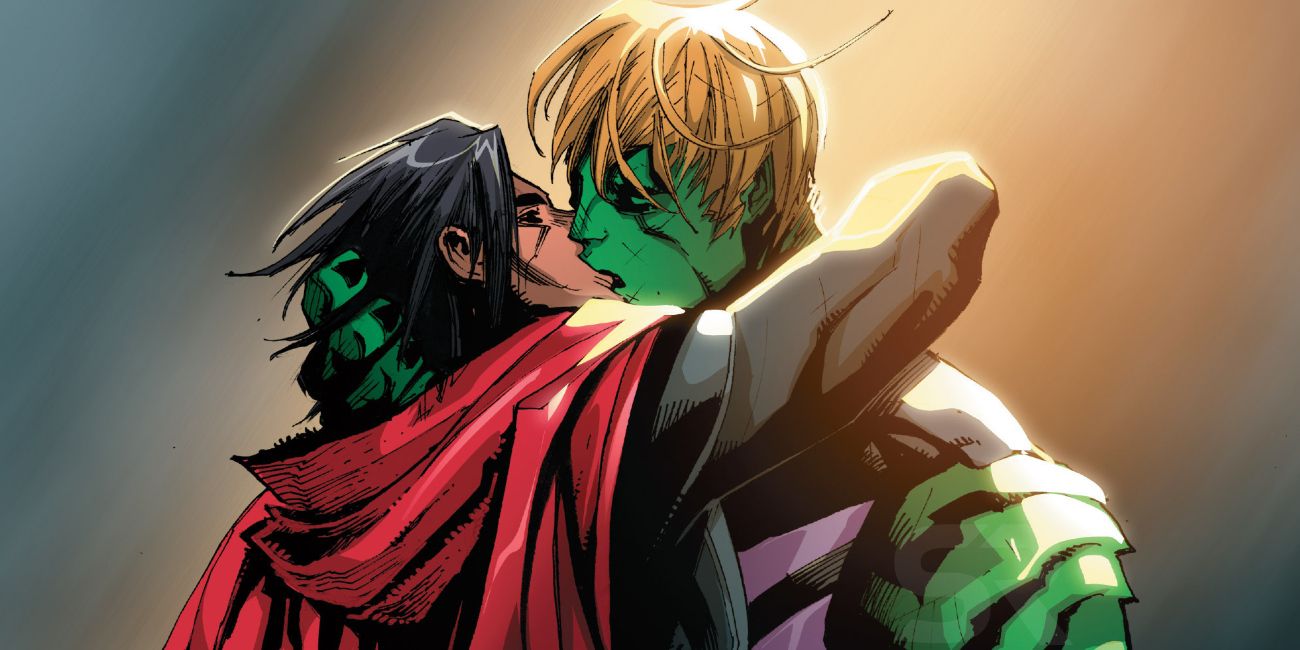 Wiccan and Hulkling Kissing in Marvel Comics.