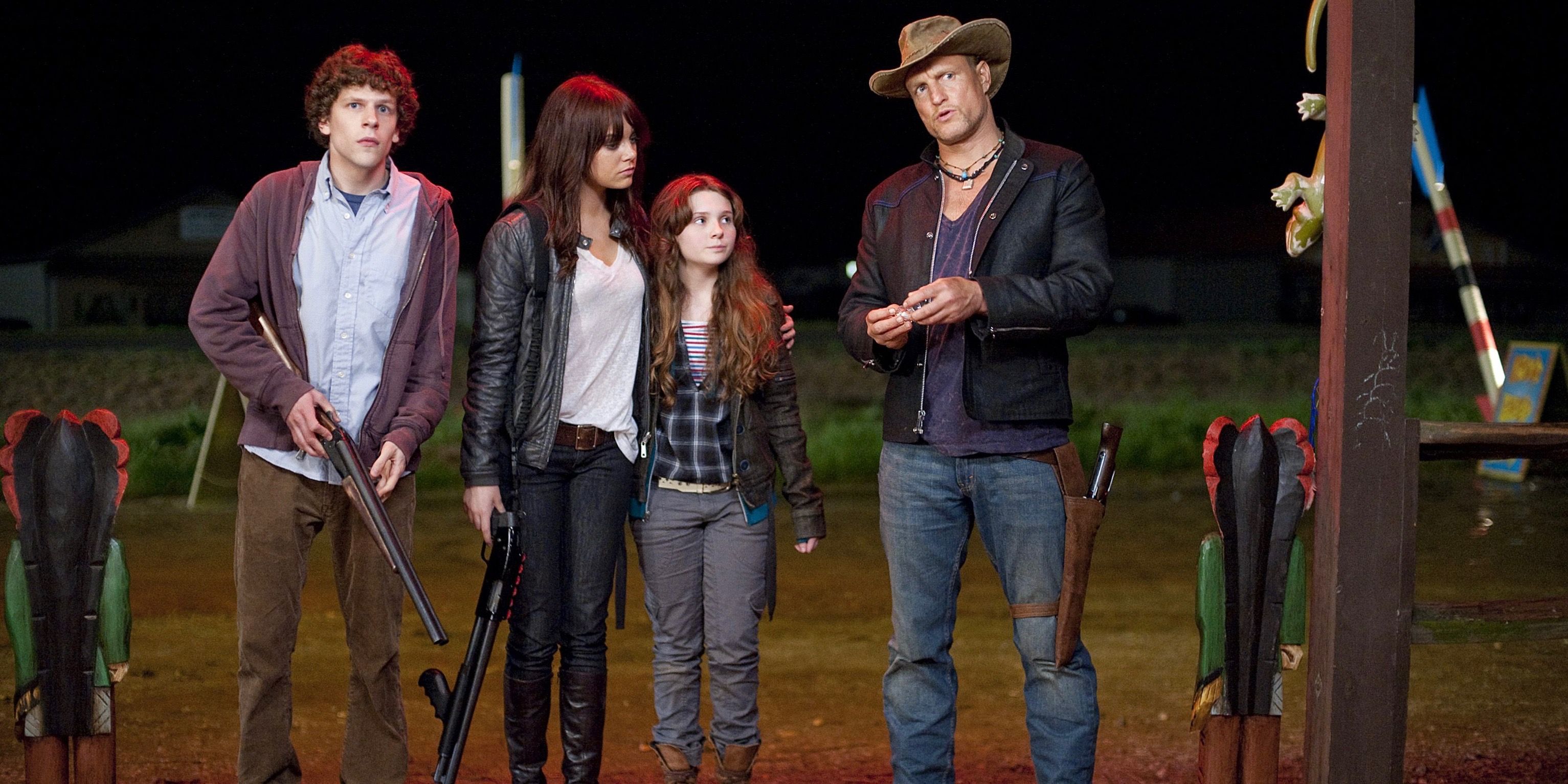 Woody Harrelson as Talahassee, Jesse Eisenberg as Columbus, Emma Stone as Wichita, and Abigail Breslin as Little Rock in Zombieland.jpeg
