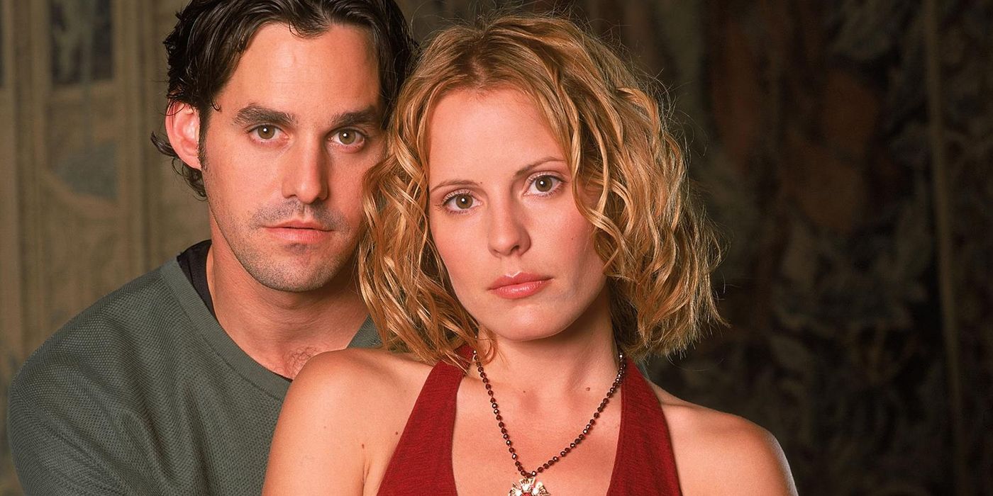 Xander and Anya posing for the camera in a promo image for Buffy