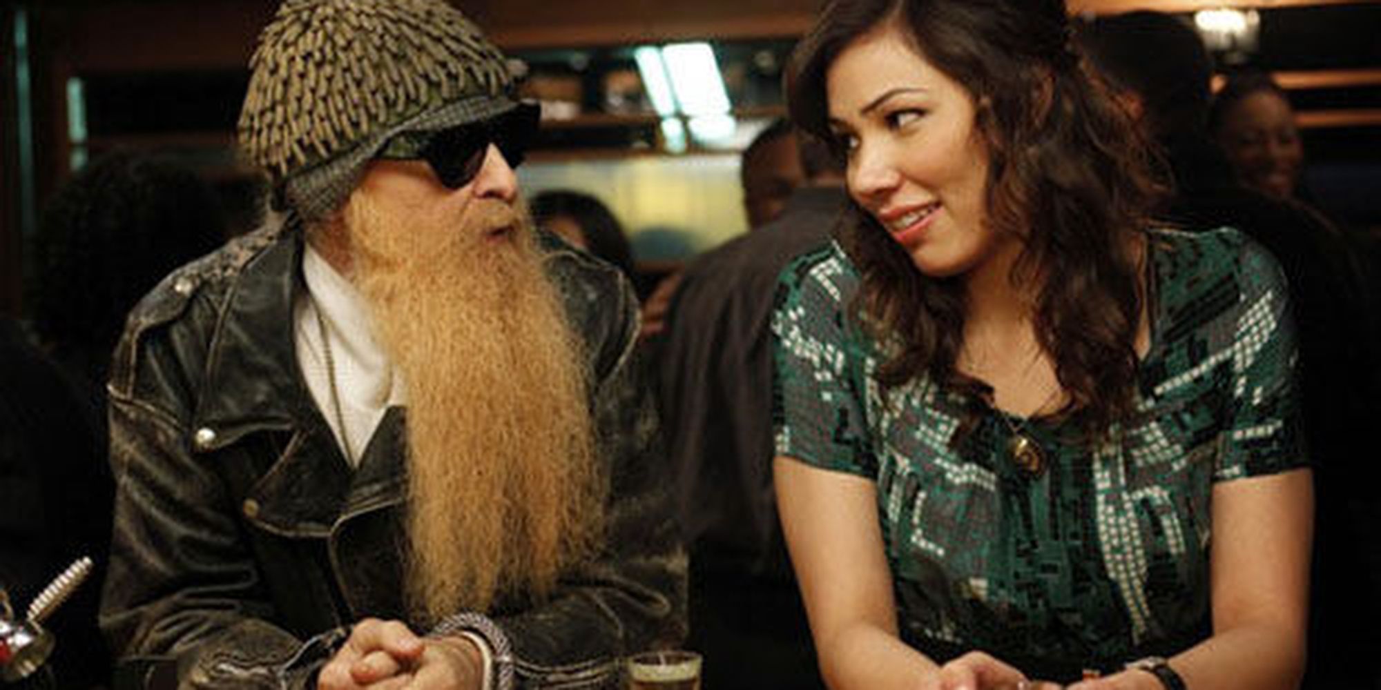 Billy Gibbons and Angela talking to each other on Bones