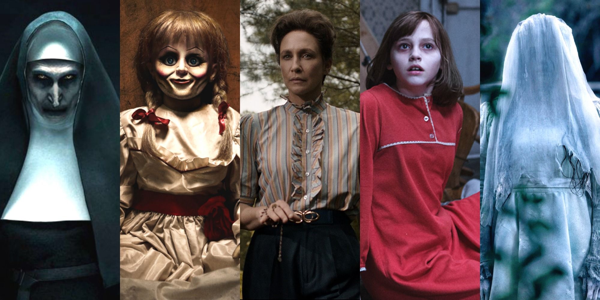 A split screen of images from the Conjuring franchise.