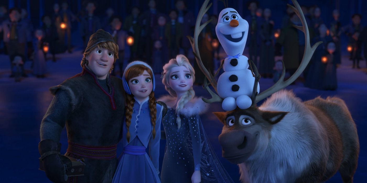 Main animated characters in Frozen watching night sky