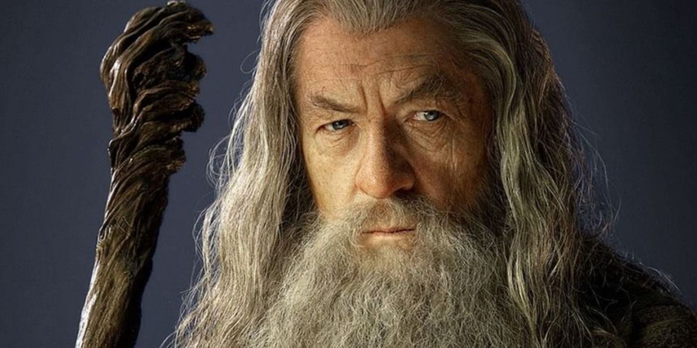 Gandalf holding his staff, frowning