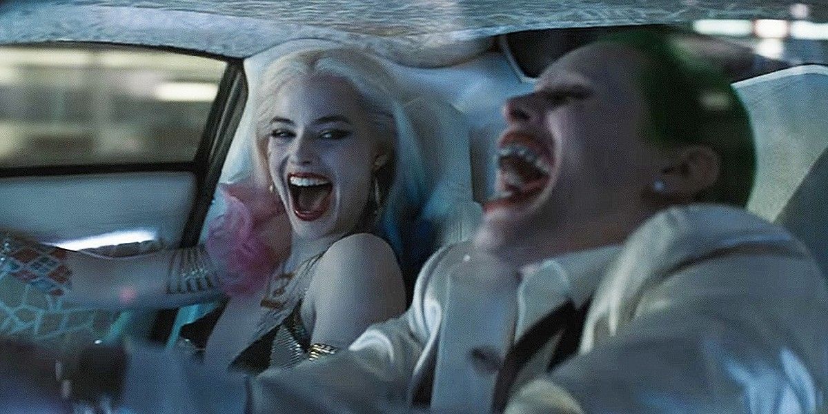 Joker and Harley laugh in Joker’s Lamborghini in Suicide Squad