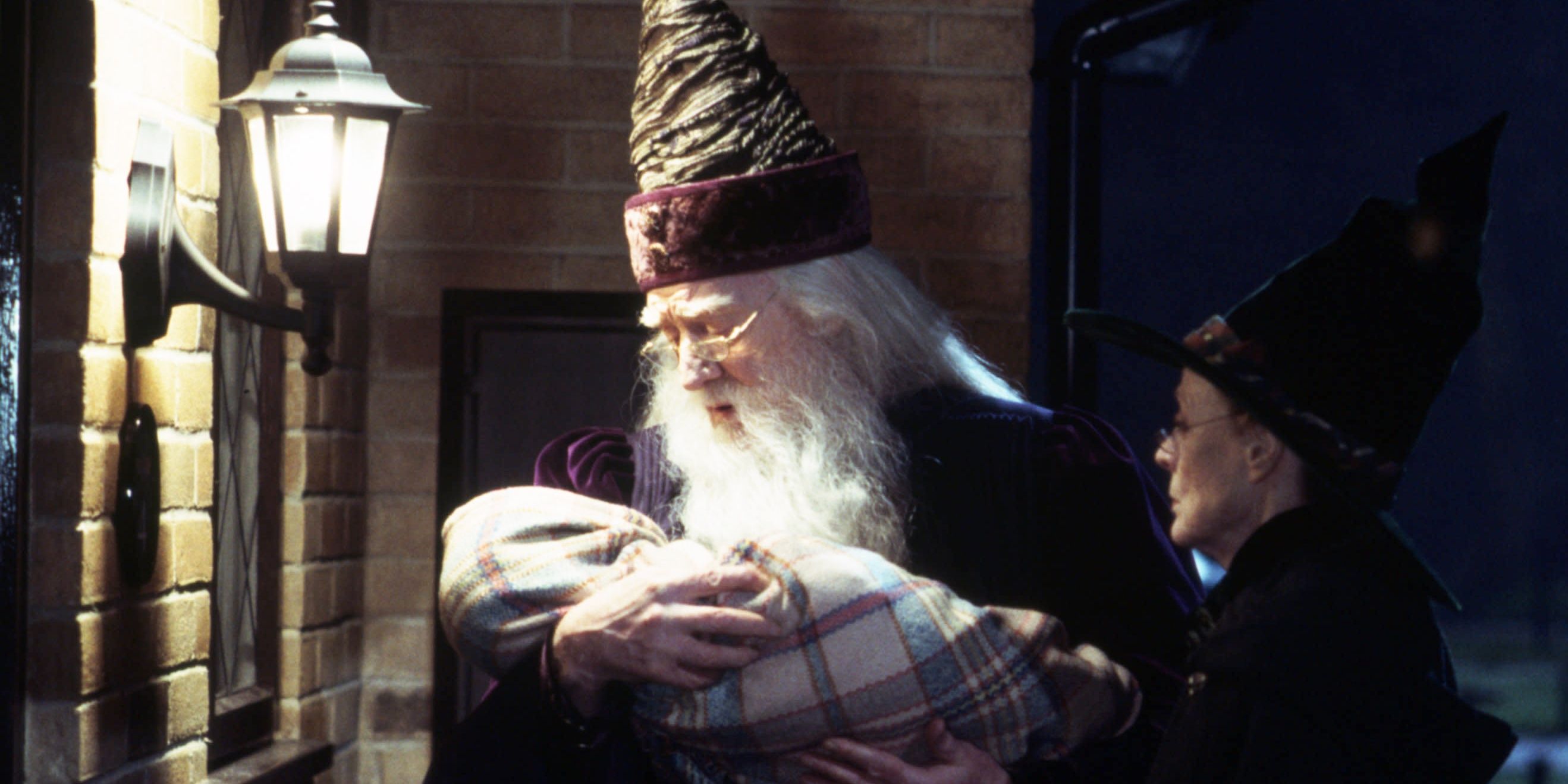 An image of Dumbledore and McGonagall looking at a baby Harry Potter