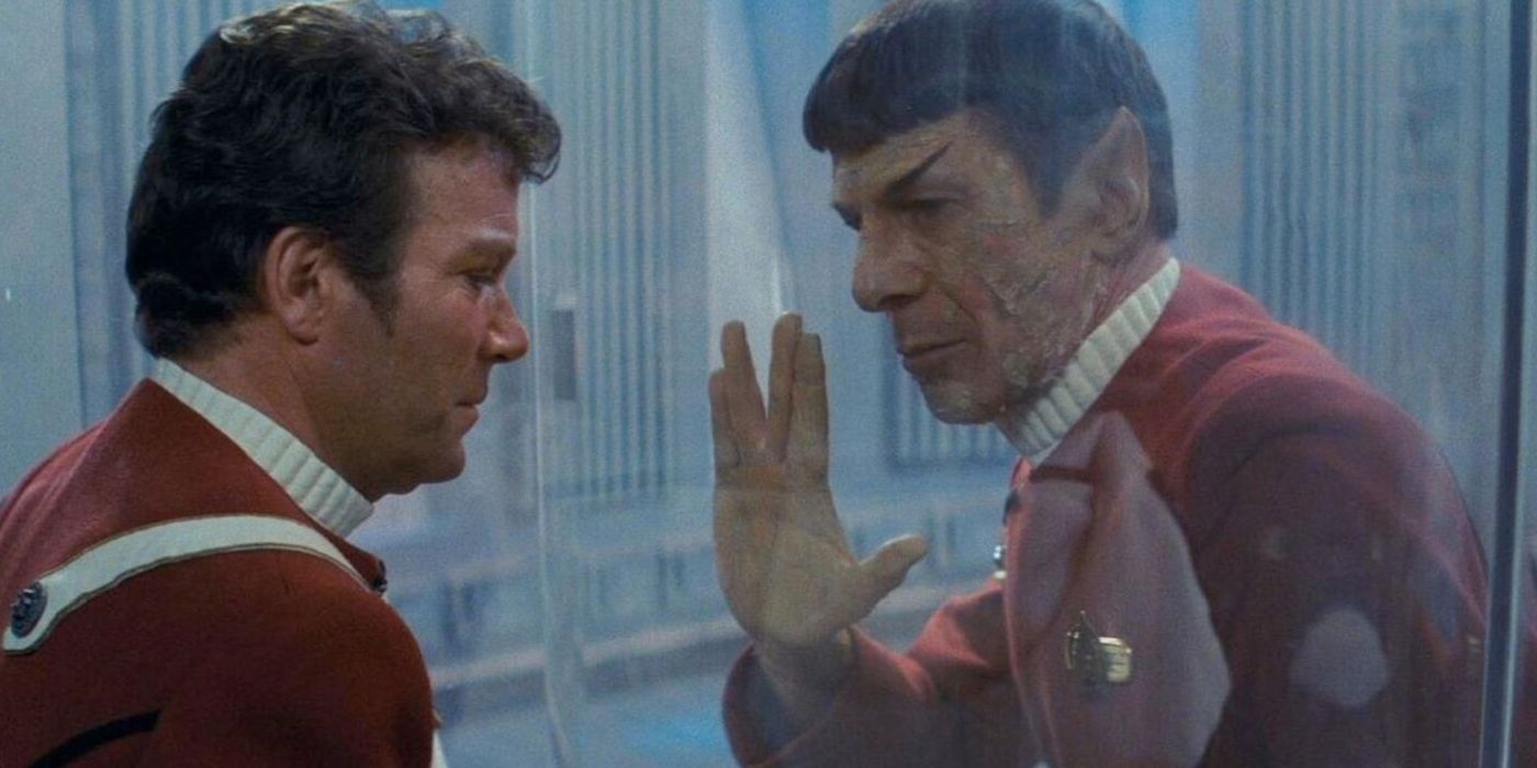Kirk and Spock on either side of a glass pane in Star Trek: The Wrath of Khan