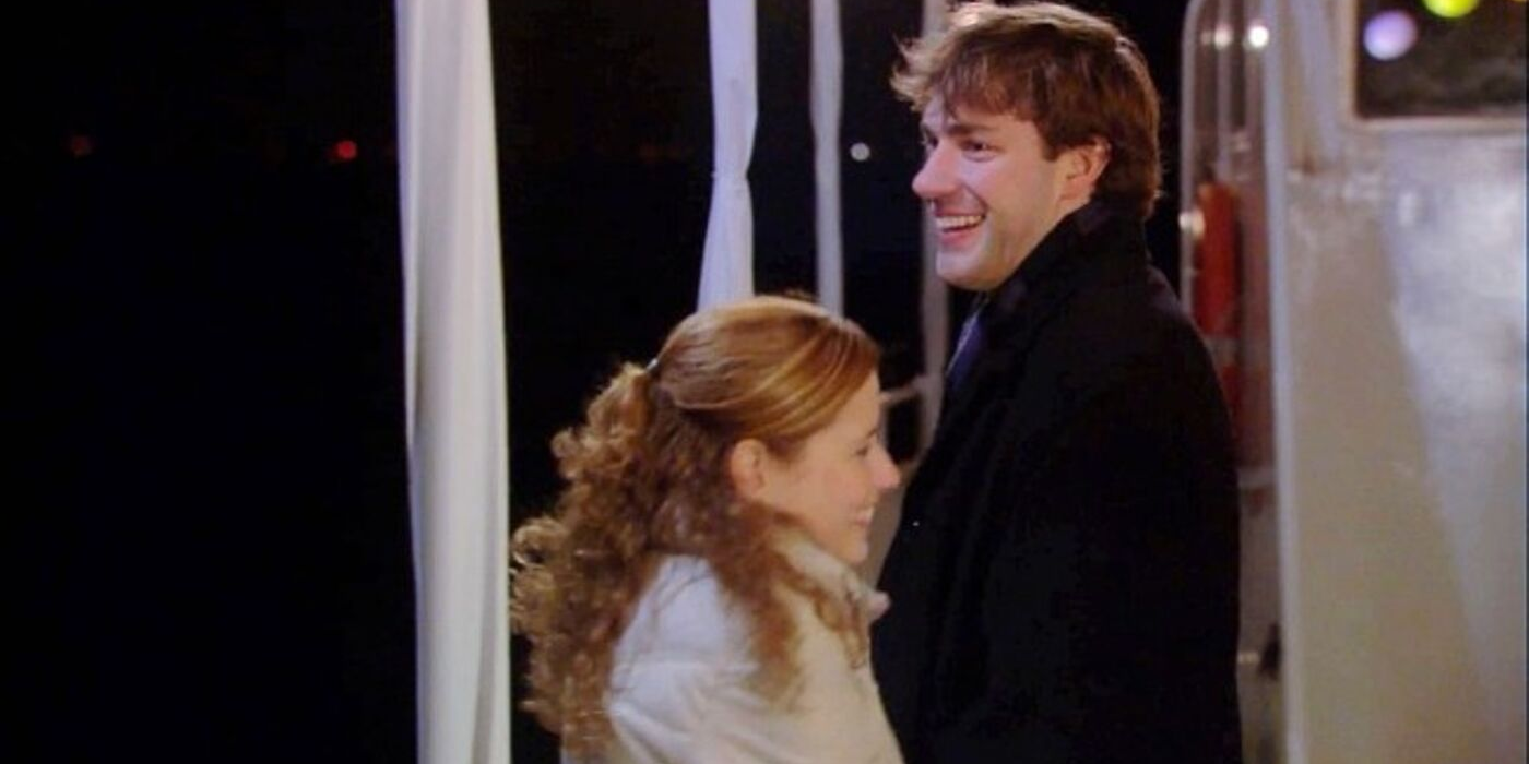 A picture of Jim and Pam laughing together in The Office