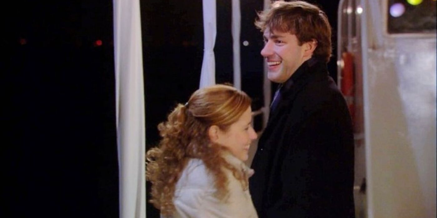 An image of Jim and Pam laughing together in The Office