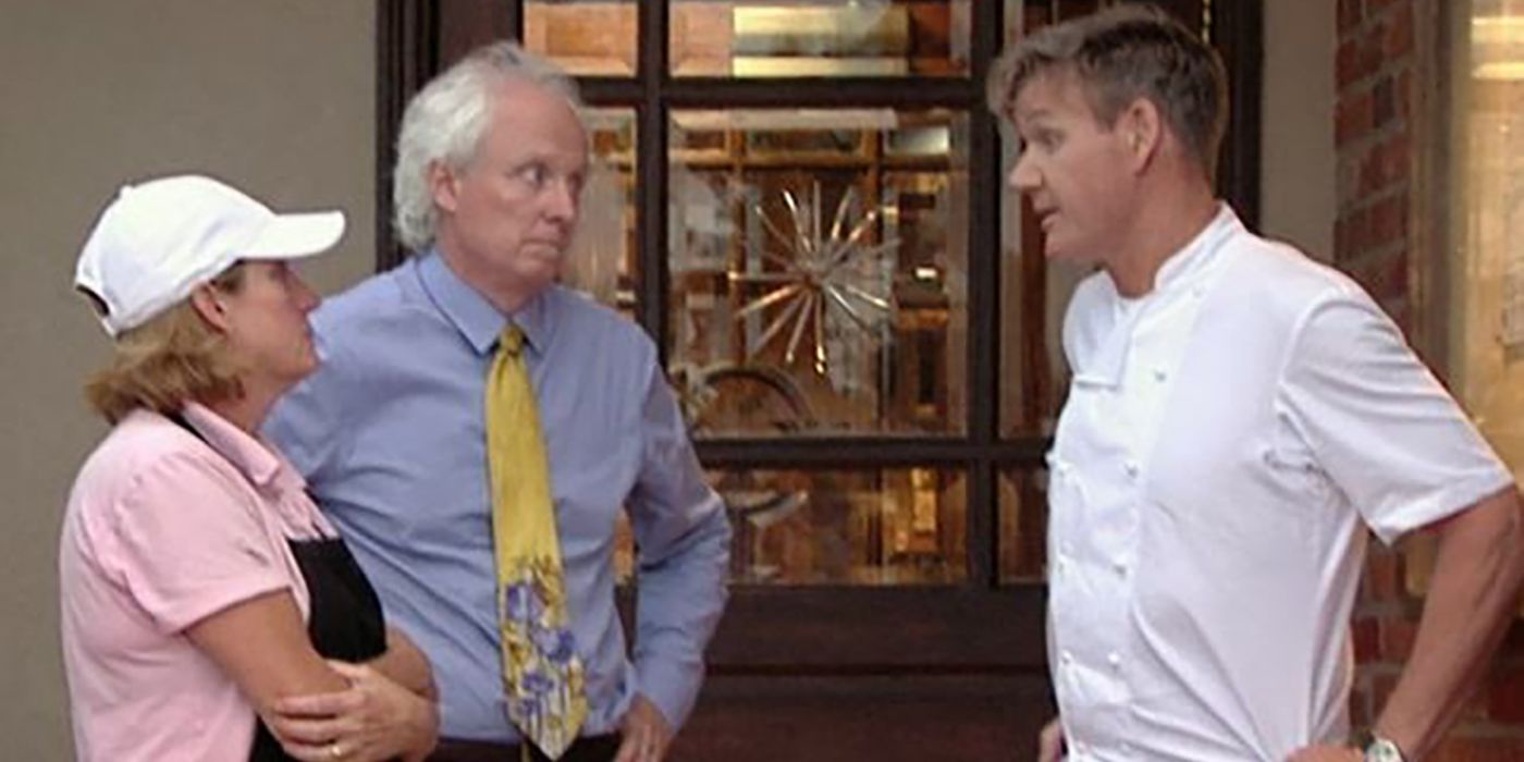 Gordon Ramsay chatting with the owners of a restaurant on Kitchen Nightmares