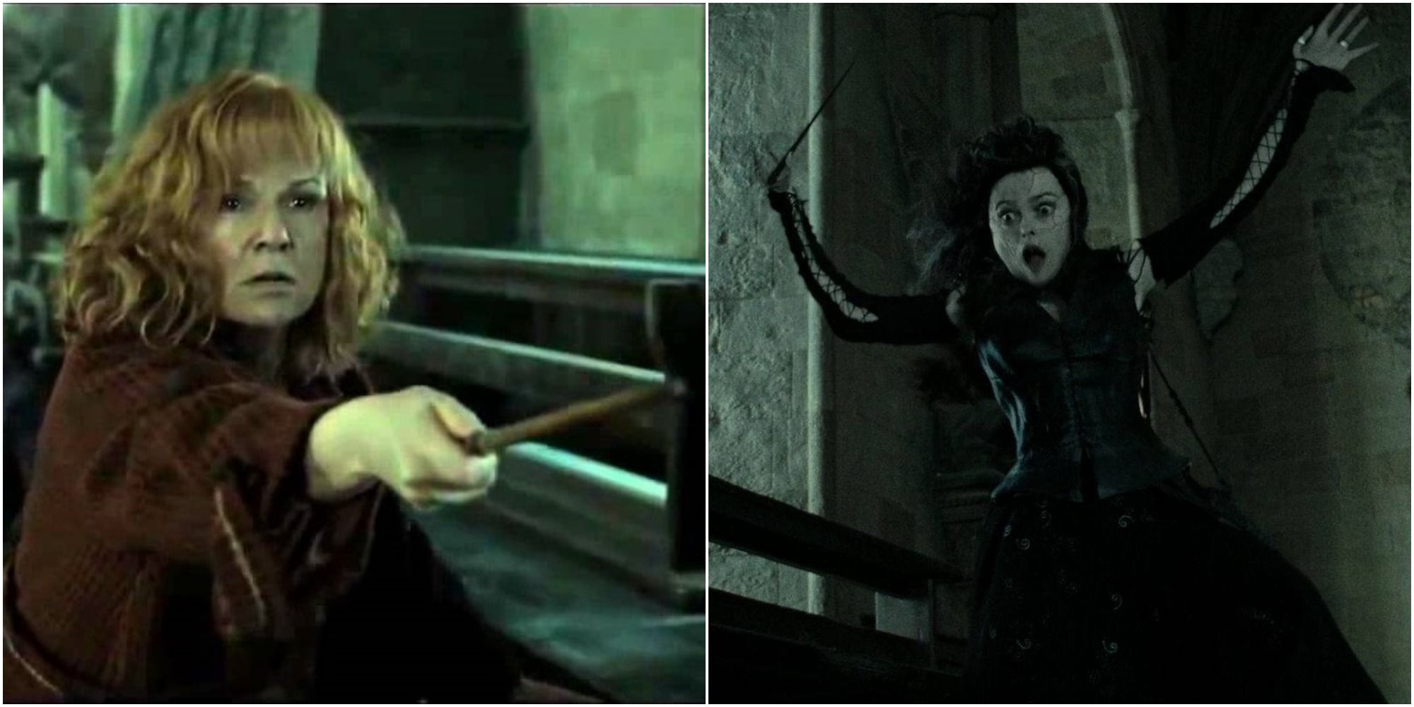 split image of Molly and Bellatrix duelling 