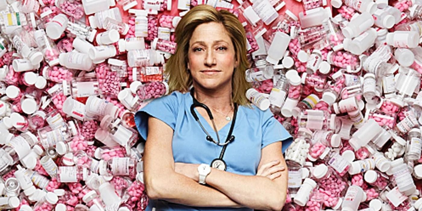 Nurse Jackie poses in front of medicine bottles 