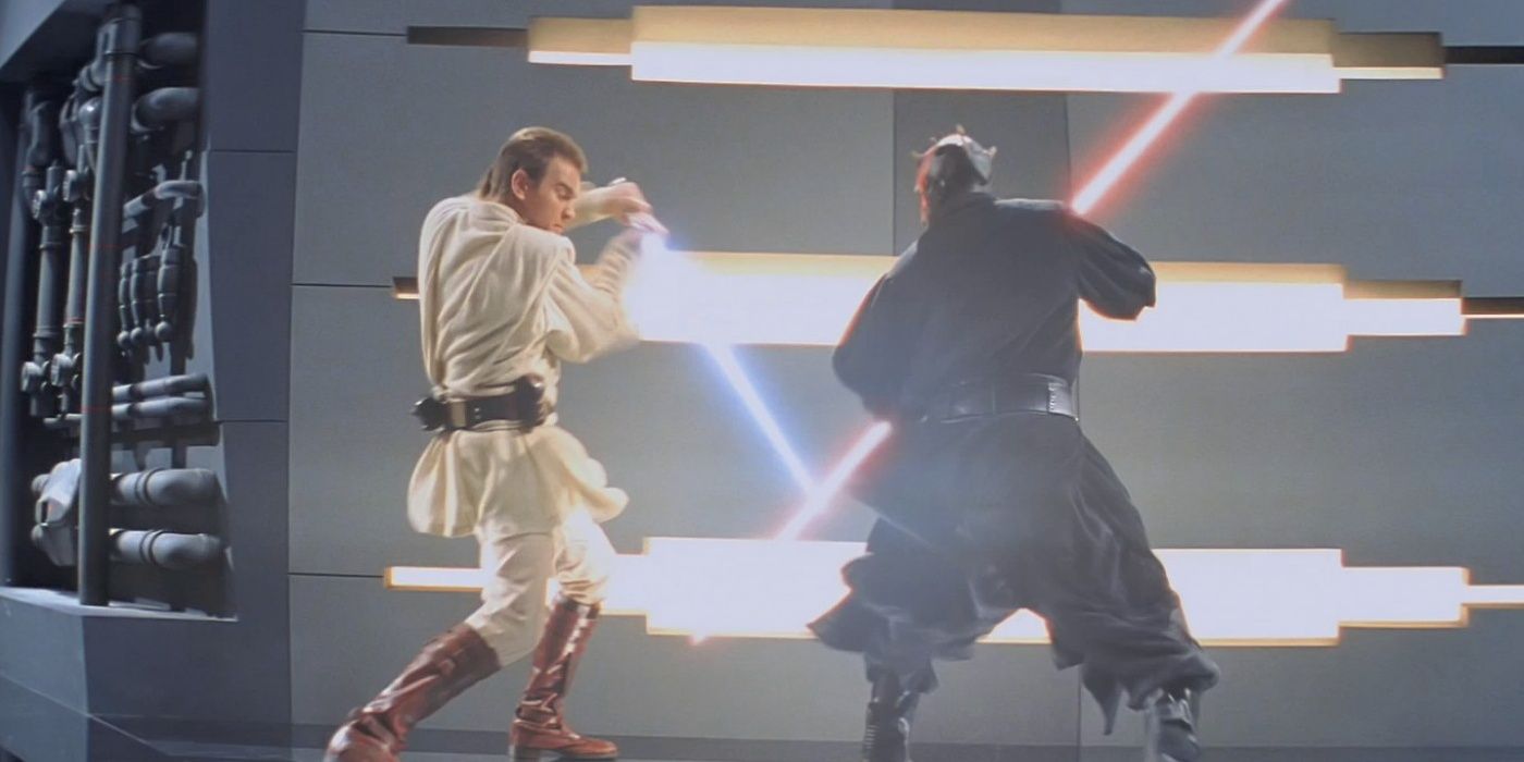 Obi-Wan and Darth Maul fight in the Duel of the Fateson Naboo in The Phantom Menace