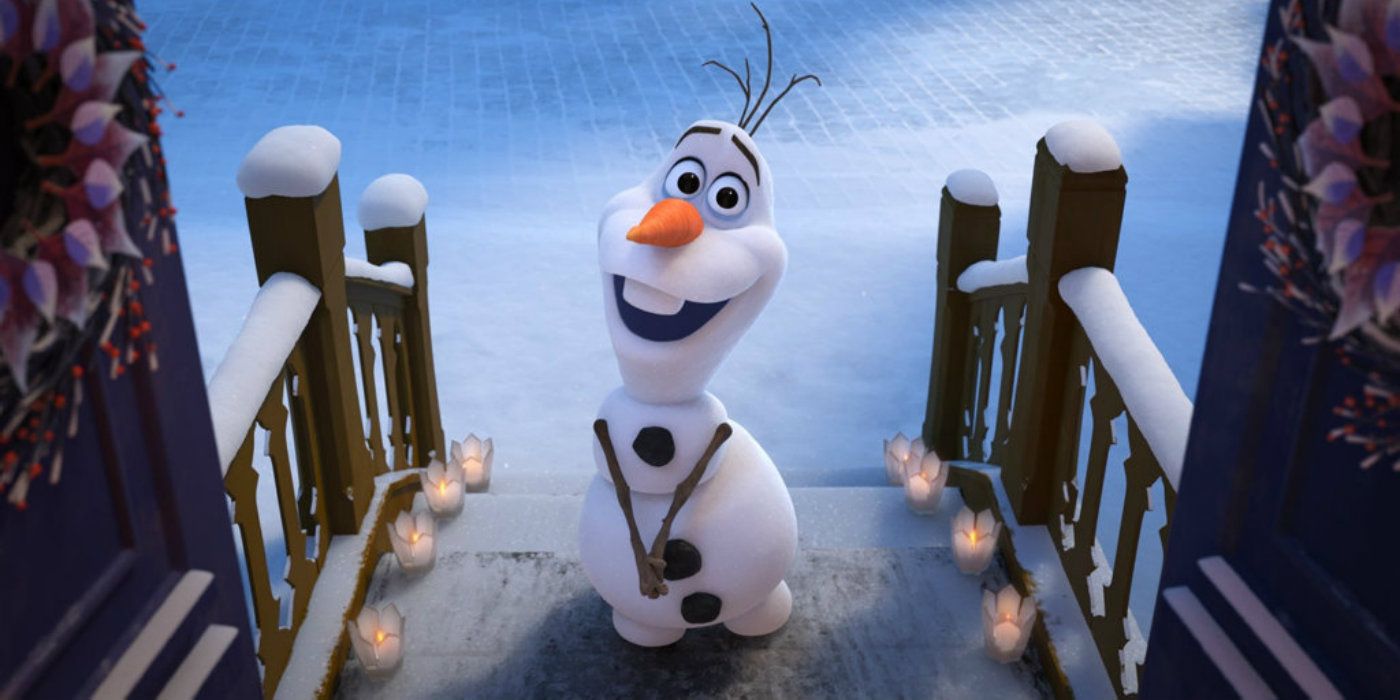 Olaf smiling on a porch in Frozen