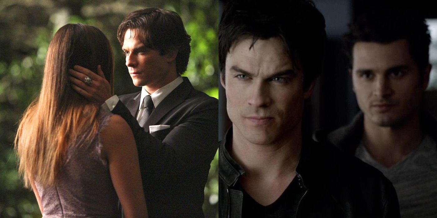 Split image of Damon with Elena and with Enzo in The Vampire Diaries