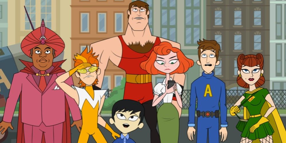 The Awesomes standing next to each other and looking worried