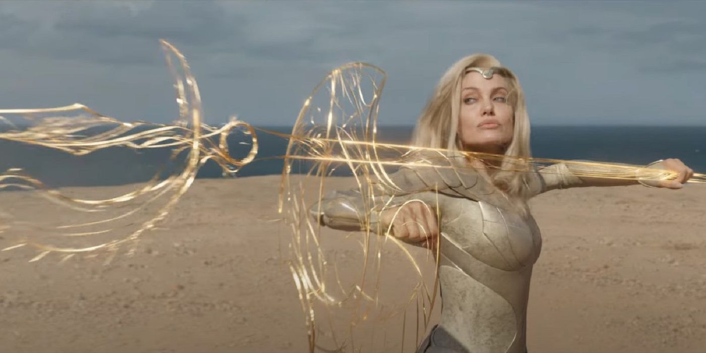 Thena with a spear and a shield made of cosmic energy in Eternals