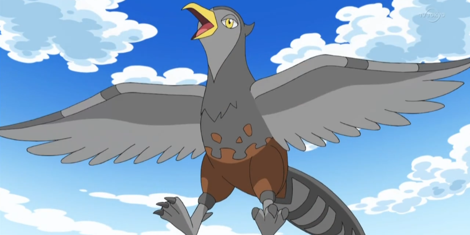 Ash's Unfezant flying in the Pokémon anime