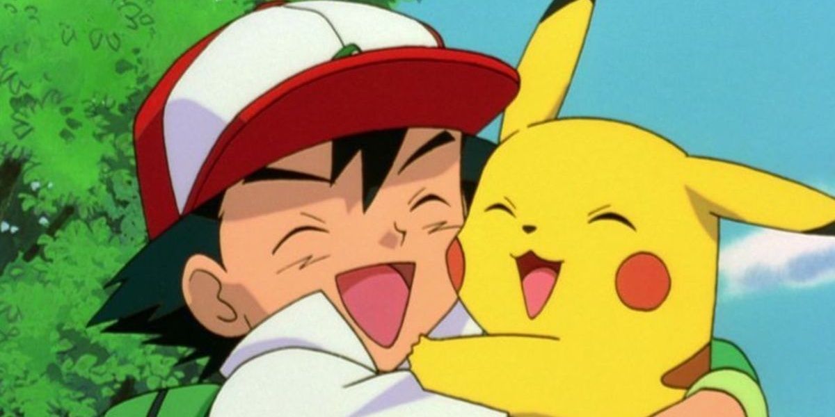 Pikachu hugging Ash