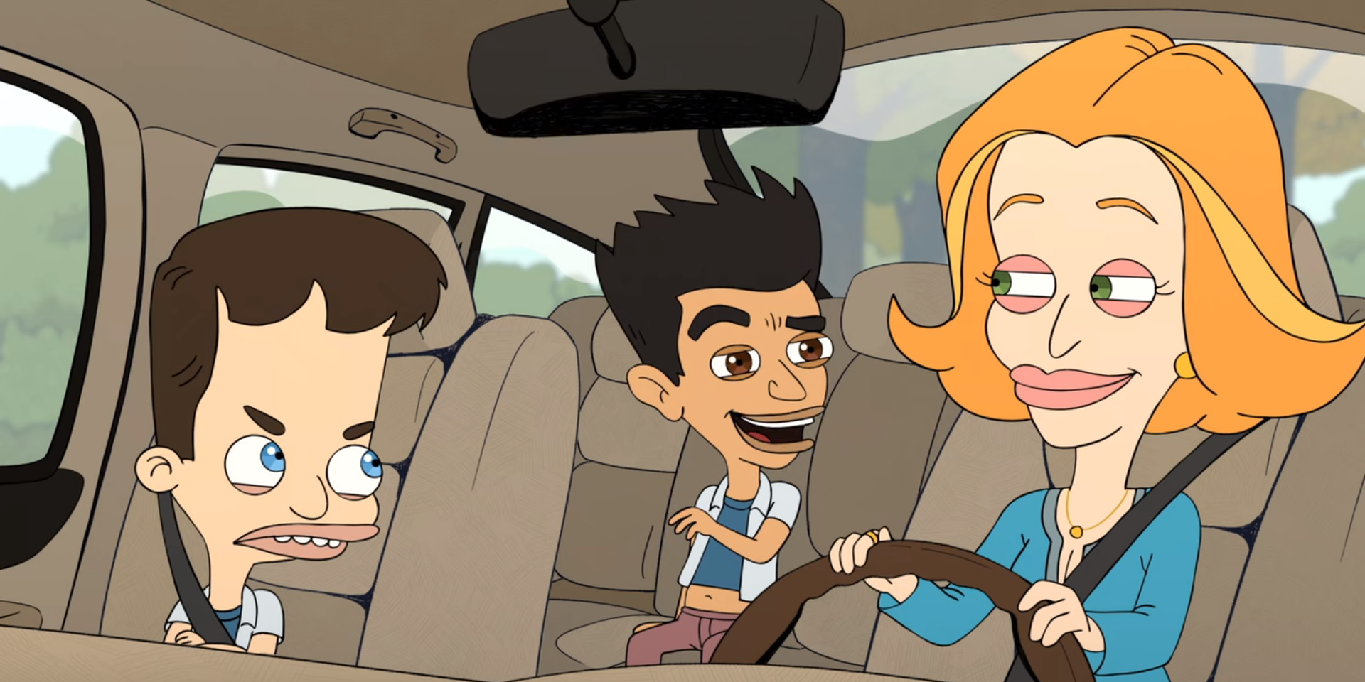 Jay in a car with Nick and his mom in Big Mouth.