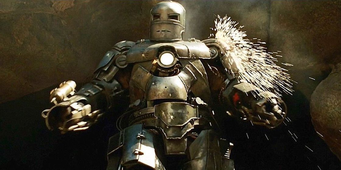 Tony escapes the cave in his Mark I armor in Iron Man