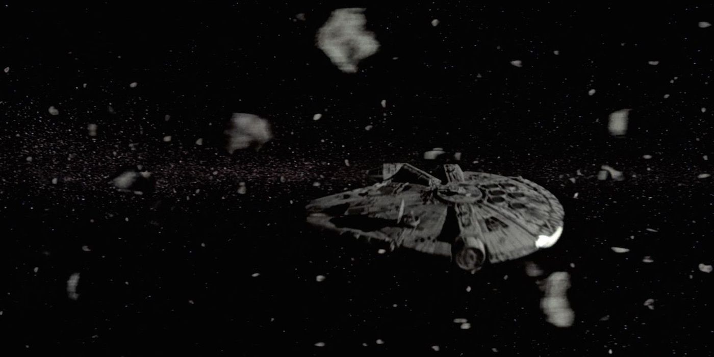 The Millennium Falcon flying through an asteroid field