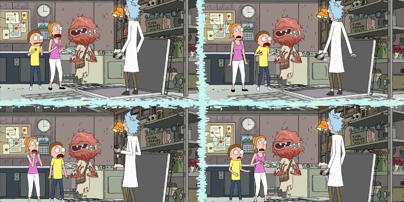 Various timelines on the screen at the same time in A Rickle In Time episode of Rick and Morty