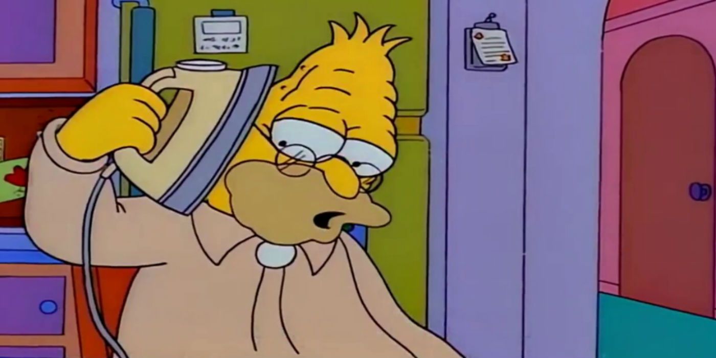 Abe Simpson hold an iron to his head in The Simpsons.