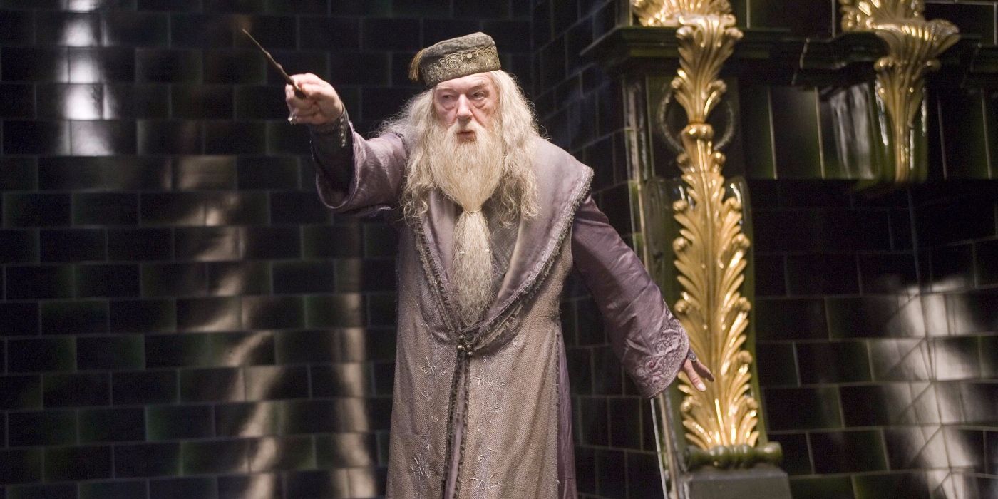 Albus Dumbledore in Harry Potter raising his wand
