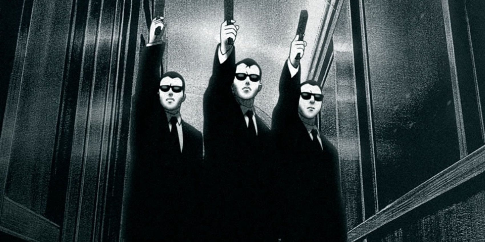 Tiga agen memegang senjata api di The Animatrix
