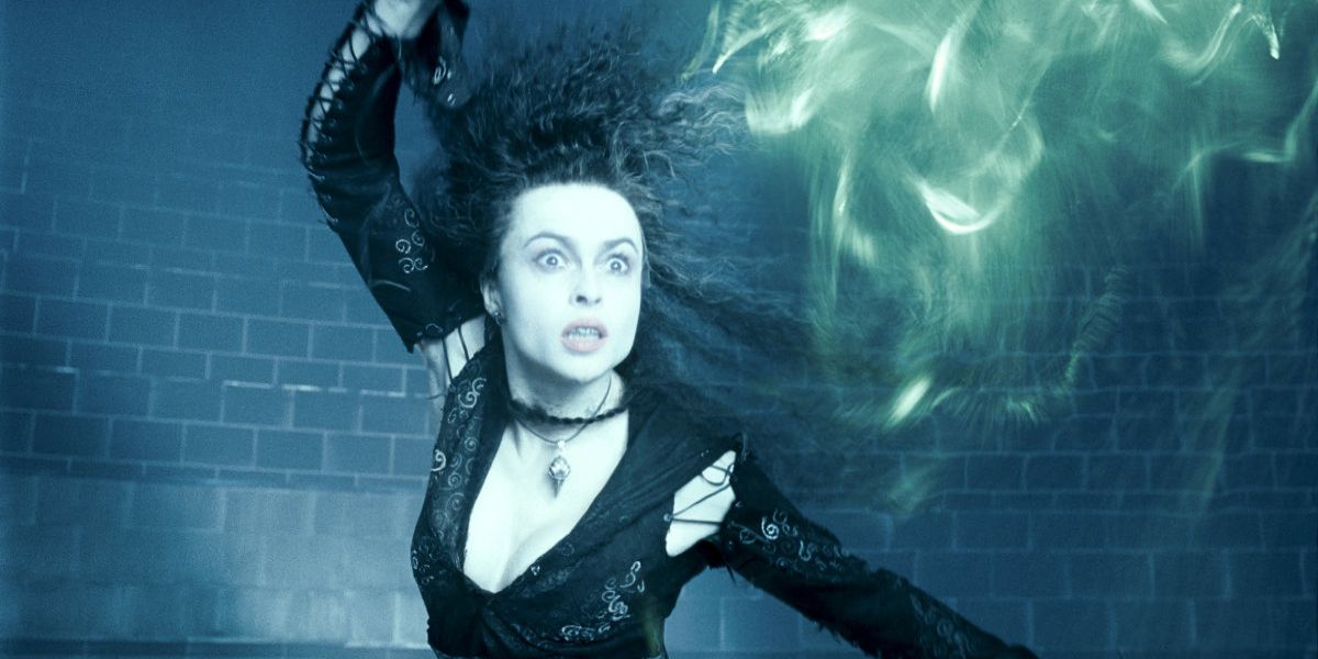 Bellatrix Lastrange casting a spell in one of the Harry Potter movies.
