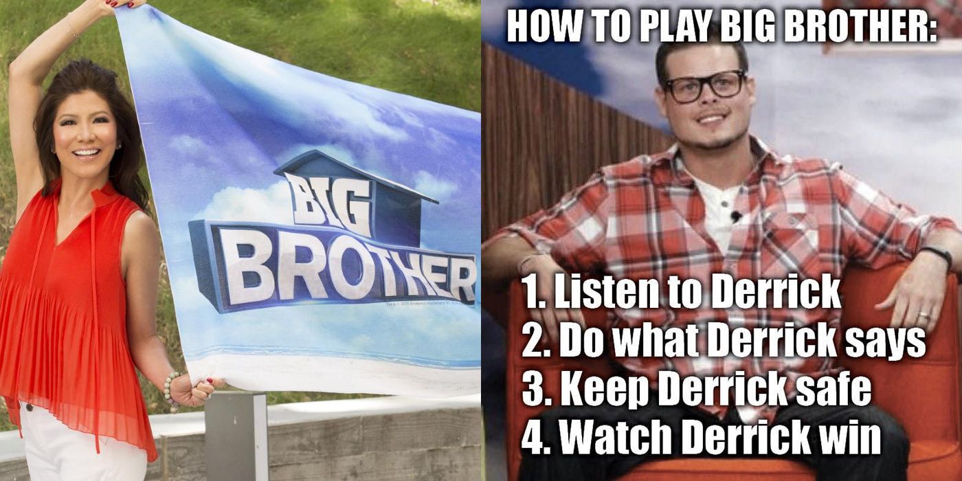 Split image: Julie Chen holding a flag with the Big Brother logo on it, Derrick from Big Brother smiling for the camera in a meme about the game