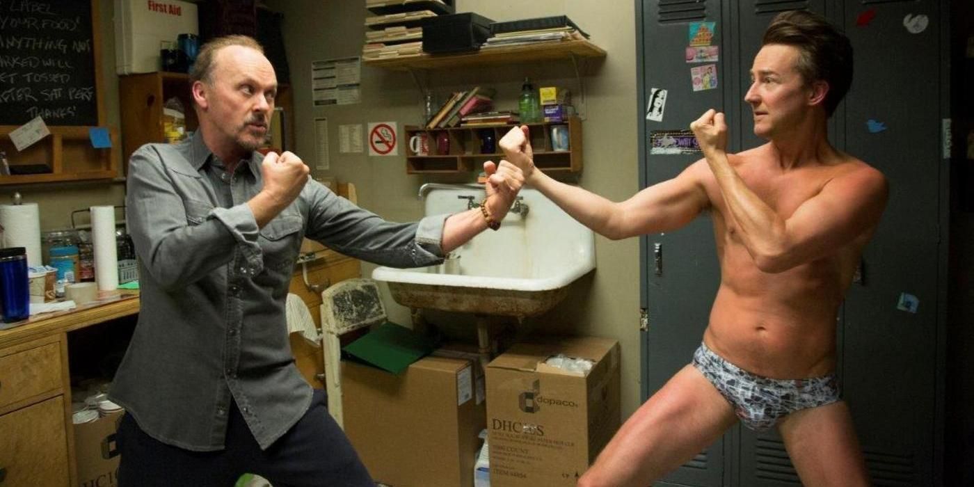 Michael Keaton and Edward Norton fight in Birdman