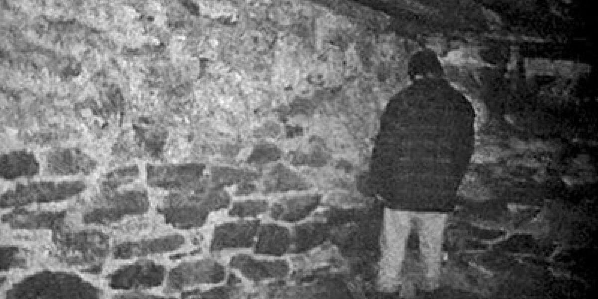 Um homem parado ao lado de uma parede de tijolos em The Blair Witch Project