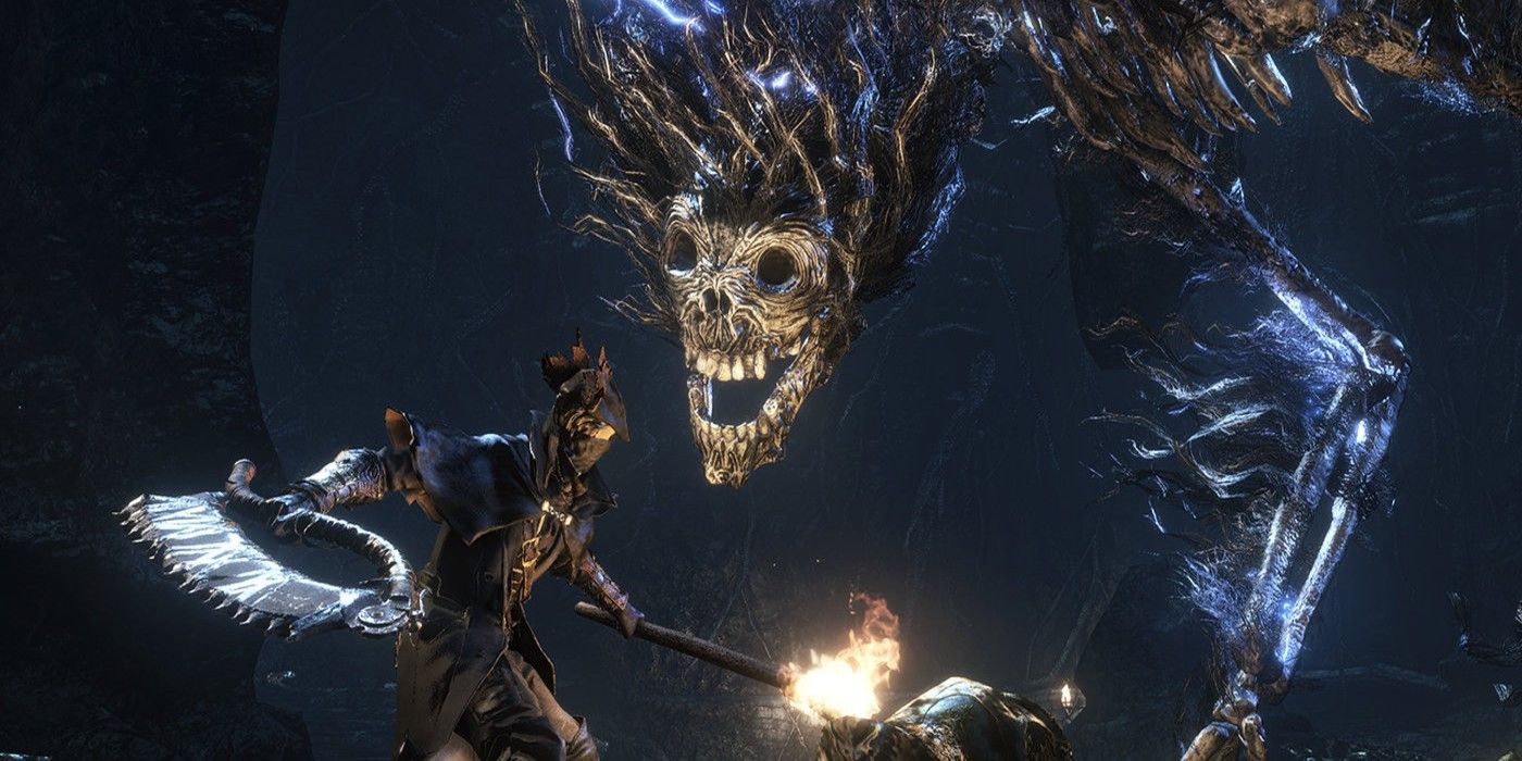 A hunter fights a giant monster in Bloodborne