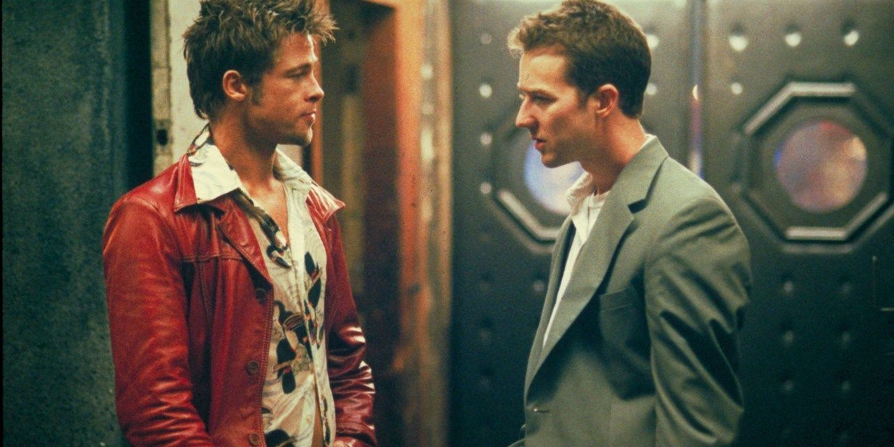 Brad Pitt and Edward Norton talk to each other in Fight Club