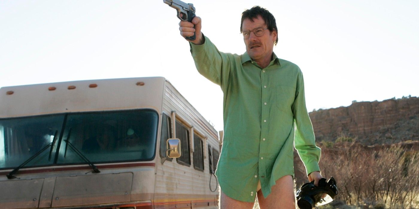 Bryan Cranston as Walter White in his tighey whiteys with a gun in Breaking Bad
