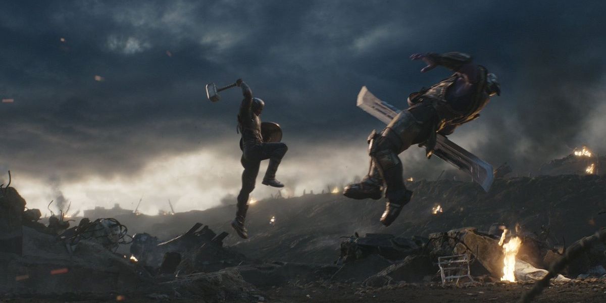 Cap hits Thanos with Thor's hammer in Avengers Endgame