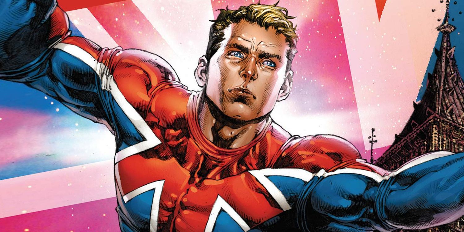 Captain Britain flying with an UK flag waving behind Marvel Comics Art