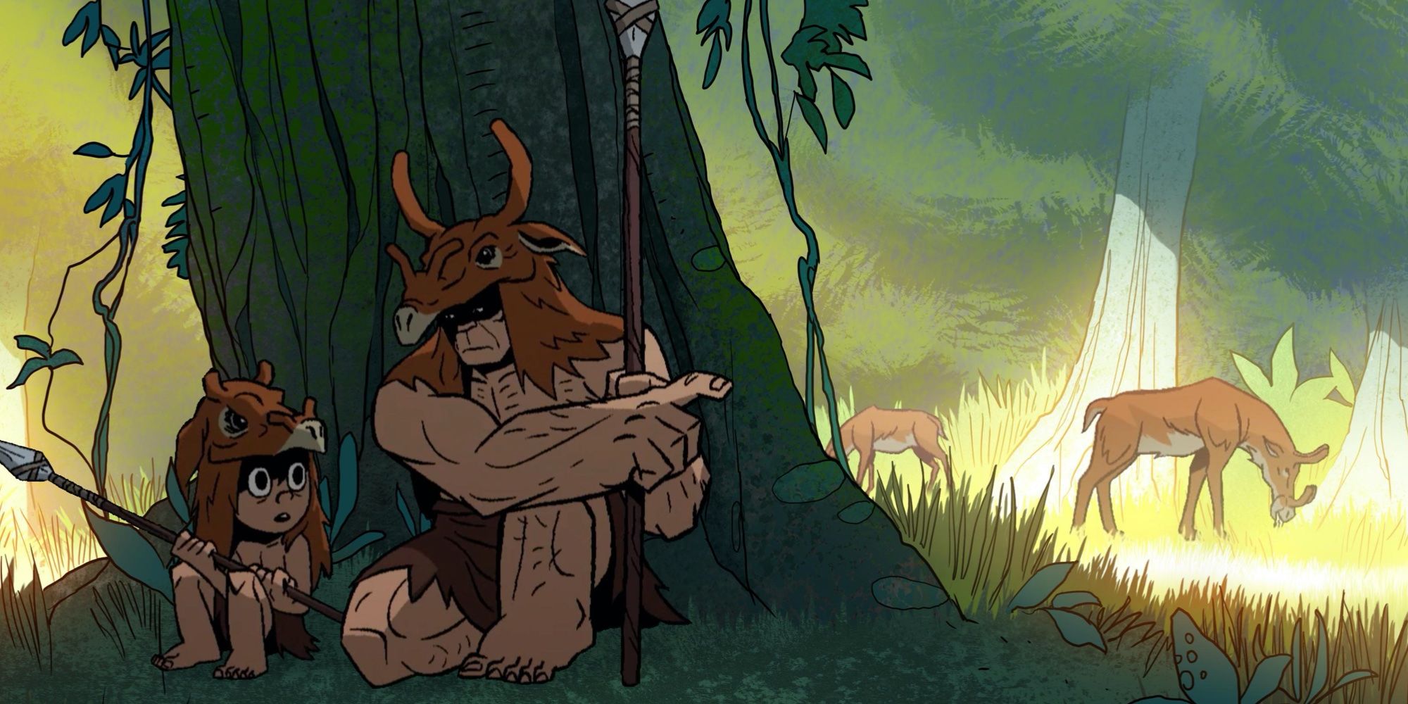 Caveman and a child behind a tree in Primal