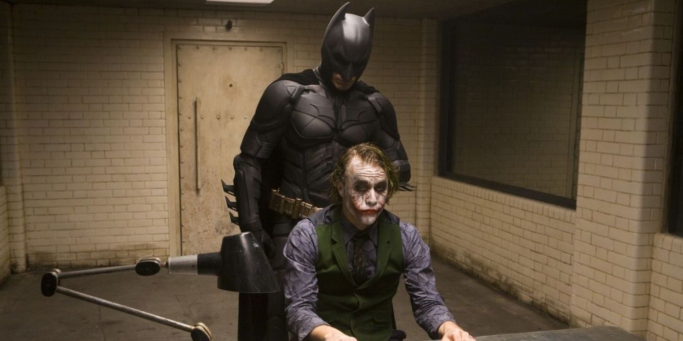 Christian Bale as Batman and Heath Ledger as Joker in The Dark Knight