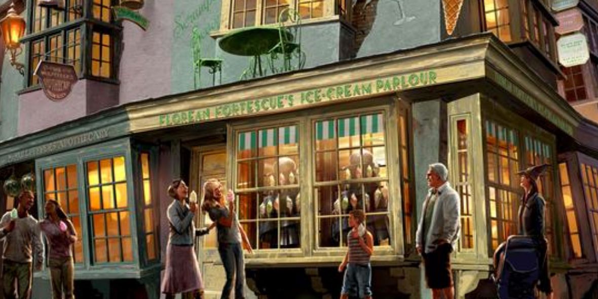 Concept art from Universal Studios depicts Florean Fortescues in Diagon Alley